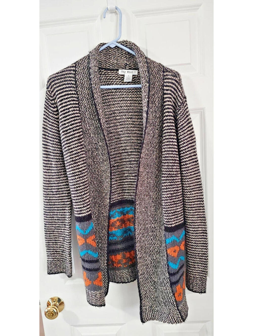 Say What? Open Front Cardigan black + white- long sleeves Sz  large